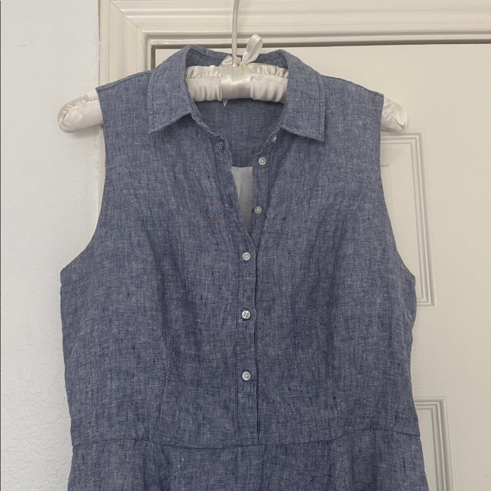 ADRIENNE VITTADINI DRESS 100% LINEN BLUE CHAMBRAY SLEEVELESS COLLAR SZ 6 - Picture 12 of 12